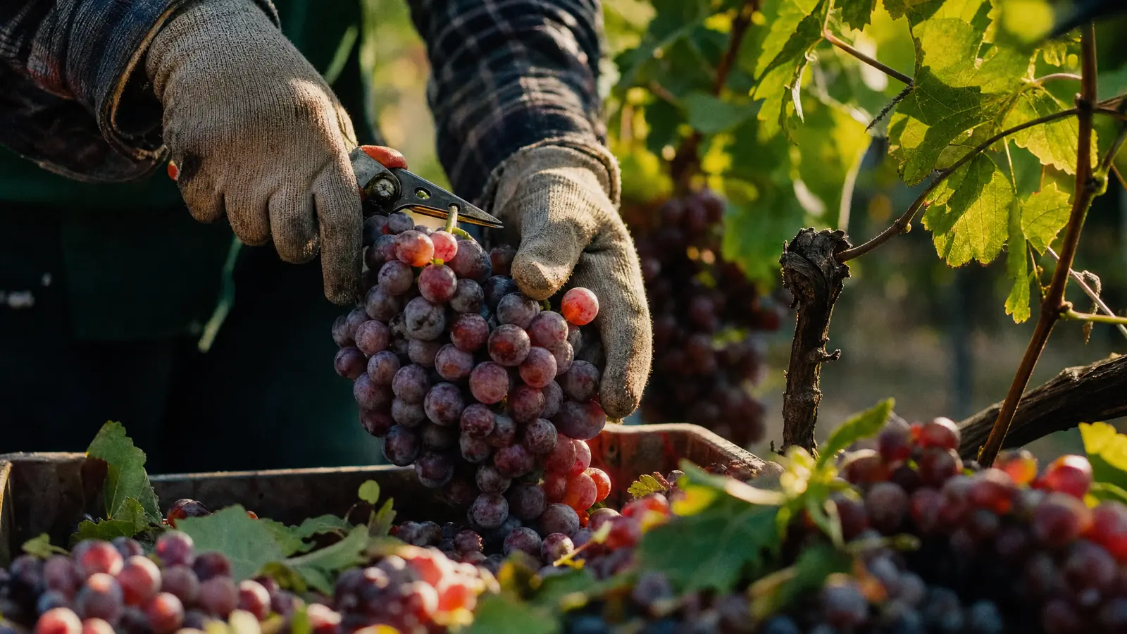 Gloved hands cutting a bunch of red grapes into a crate