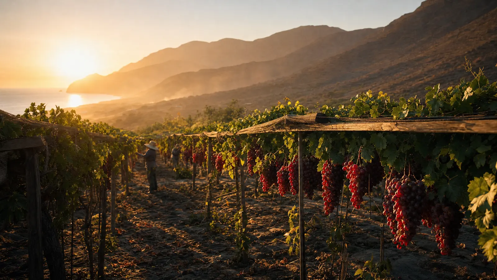 Rows of red table grapes on a desert vineyard at sunrise